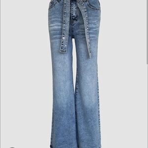 Mid-Rise Blue Wide-Leg Jeans with Removable Tie Belt